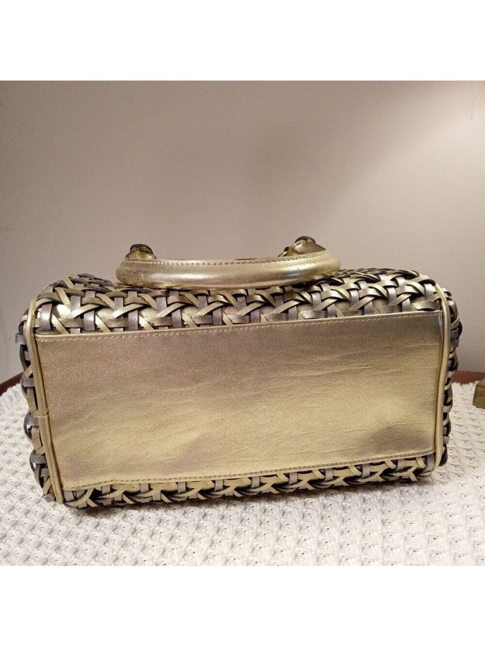 Warren Reed Gold Silver Metallic Woven Leather Satchel Large - Picture 4 of 6
